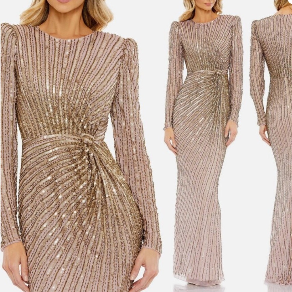 NWT $598 Mac Duggal Embellished Puff‎ Sleeve Side Knot Gown Mocha